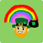 Icon featuring a rainbow and a pot of gold with a leprechaun's portrait in the foreground all on a bright green background.