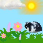 Icon featuring a child's drawing of grass, spring flowers and a sun with a black and white bunny in the foreground.