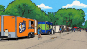 Soda Drop trailer at BisMarket in Bismarck with a cartoon overlay.