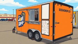 Soda Drop trailer at Runnings in Bismarck with a cartoon overlay.